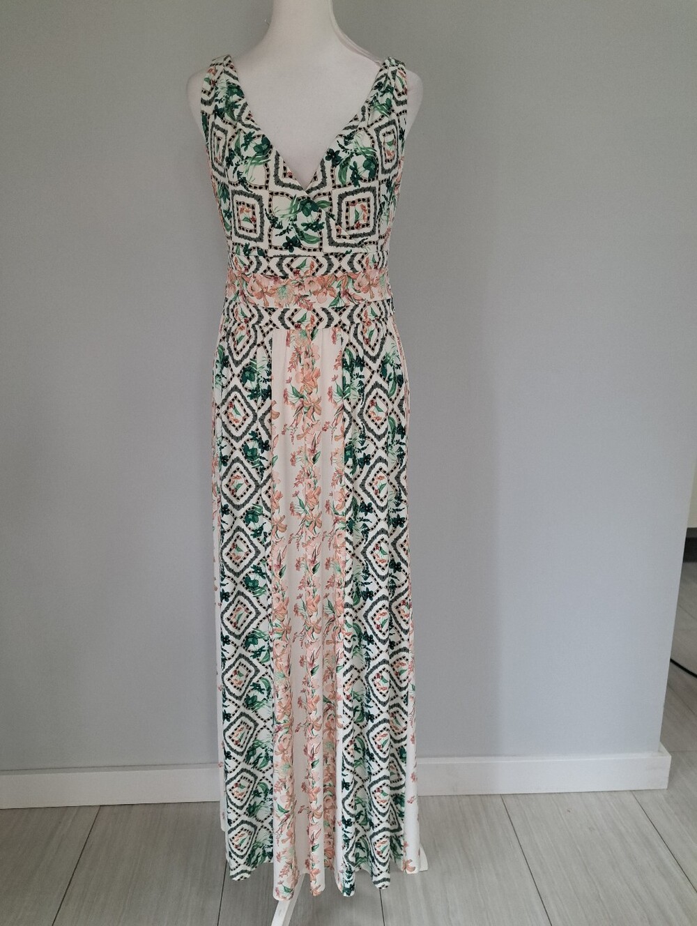 NWT WHBM Sleeveless V-Neck Floral & Geometric Maxi Dress - Pink & Green Smocked